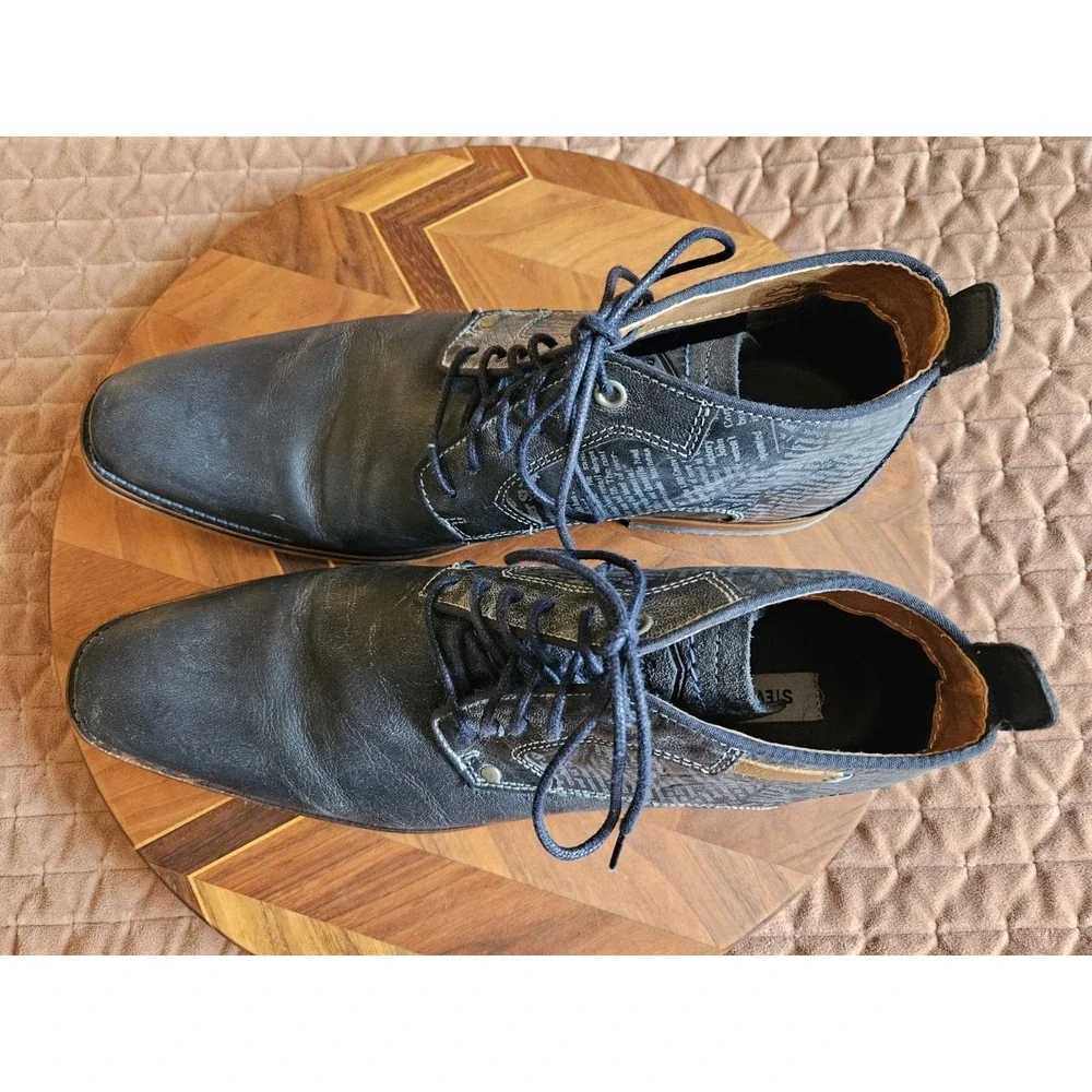 Steve Madden Men's Navy Blue Leather Newsprint Lace-Up Oxford Shoes, Size 12